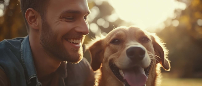 A man laughs while looking at his dog in a field.